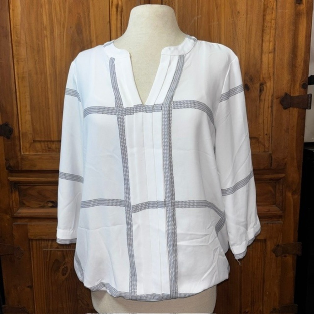 41 Hawthorn Womens White Gray Windowpane Split Neck 3/4 Sleeve Blouse Medium - Picture 2 of 7